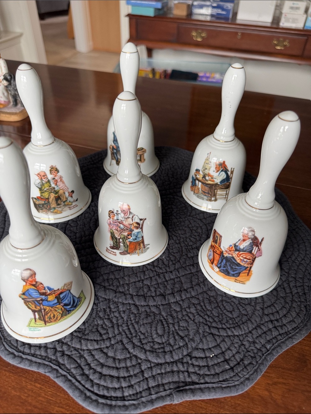 Norman RockwellPorcelain Decorative Bells Set - White with Vintage Scene Accents